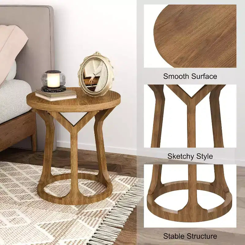 Table d'appoint ronde ; table de chevet en bois à trois pieds