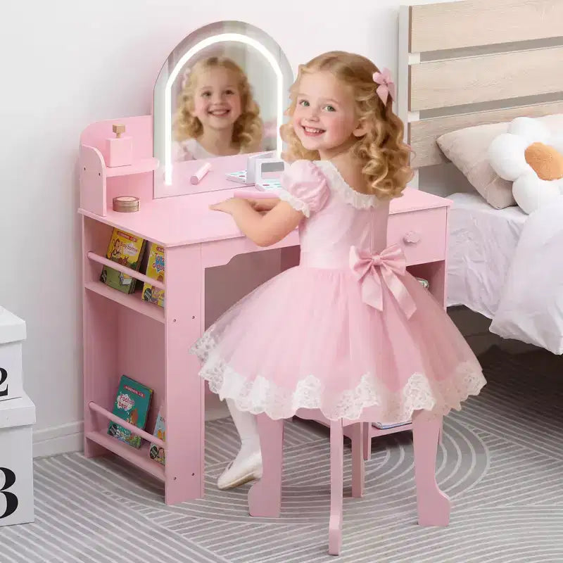 Kids Vanity Desk with Mirror; Makeup Vanity Table with Stool; Bookshelf; Drawer & Shelves; Wood Princess Dressing Table for Girls Bedroom;Playroom