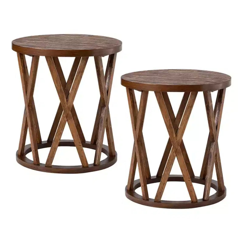 COZAYH Farmhouse End Table; Rustic Round Top with X-Motifs Legs; Brown; Set of 2
