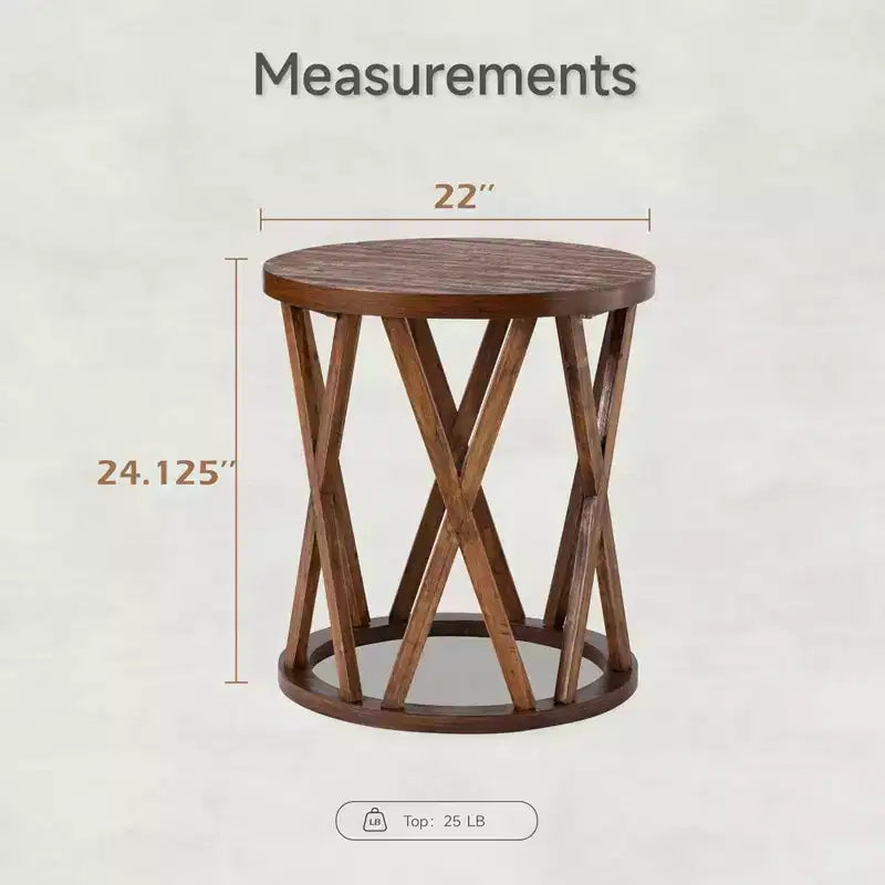 Table d'appoint style ferme ; plateau rond rustique, pieds en X.