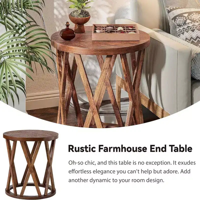 Table d'appoint style ferme ; plateau rond rustique, pieds en X.