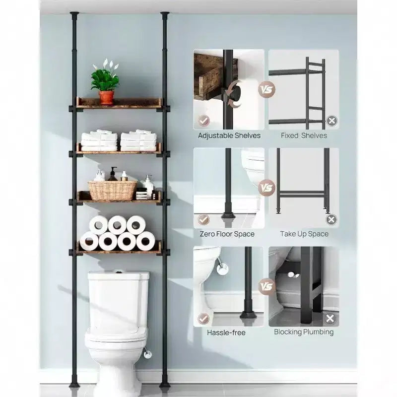 Étagère de rangement au-dessus des toilettes de salle de bain - Quatre étagères réglables en bois