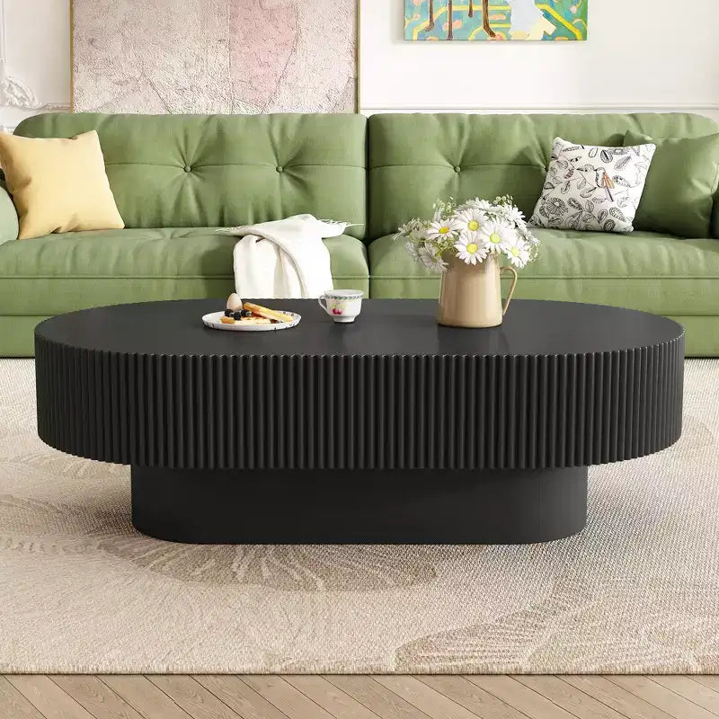 Wood Fluted Coffee Table; Modern Drum End Table; Oval Center Table with Sturdy Base for Living Room