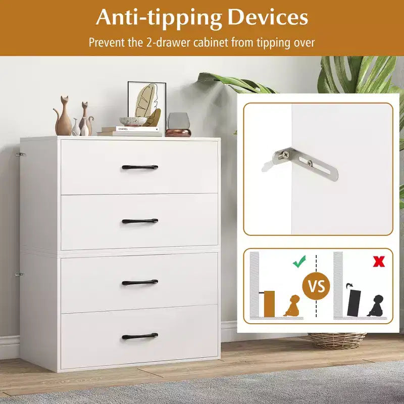 2 Commodes de Rangement Empilables à 2 Tiroirs avec Dispositif Anti-basculement