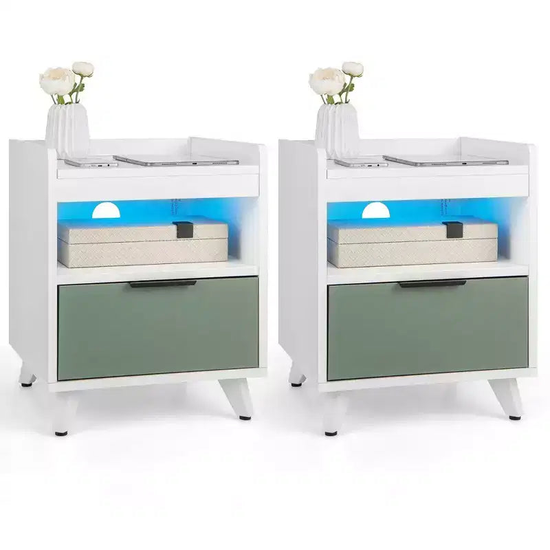 Costway 2PCS Nightstand Modern Beside End Table w/ LED Lights Open Compartment & Drawer