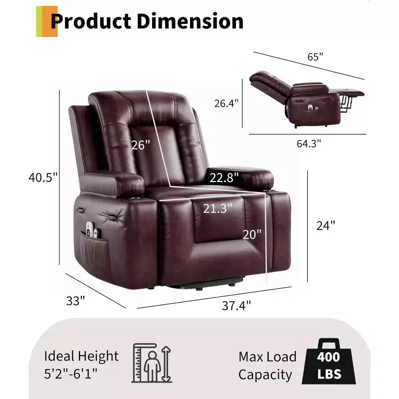 Fauteuil inclinable électrique réglable en hauteur - avec fonctions de chauffage et de massage