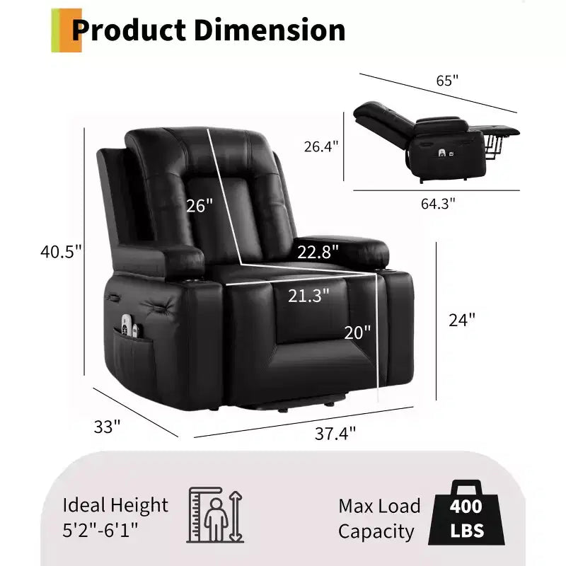 Fauteuil inclinable électrique réglable en hauteur - avec fonctions de chauffage et de massage