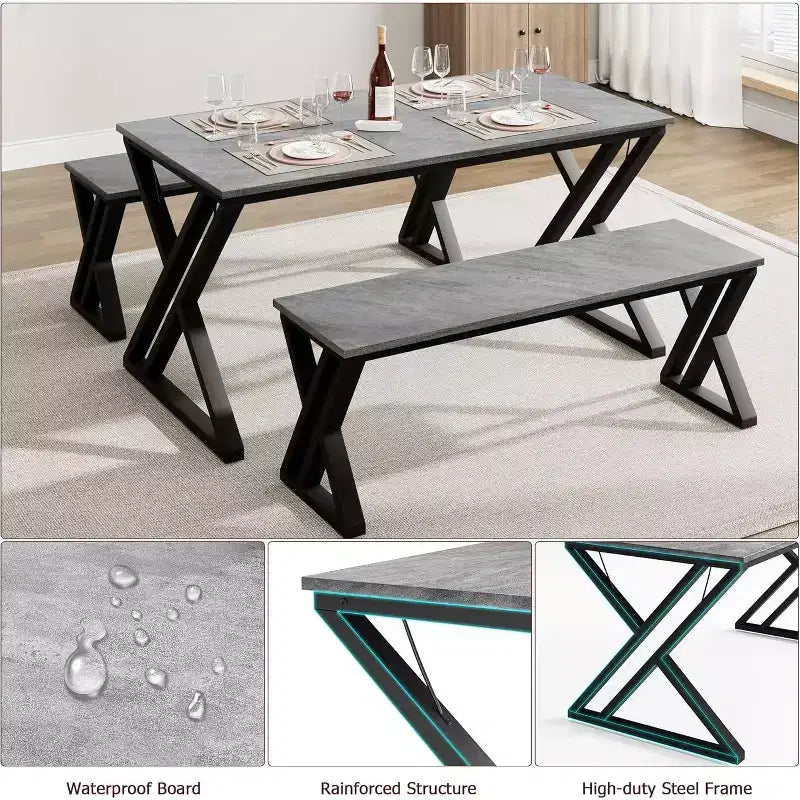 Table de salle à manger rectangulaire ; piètement métallique robuste.