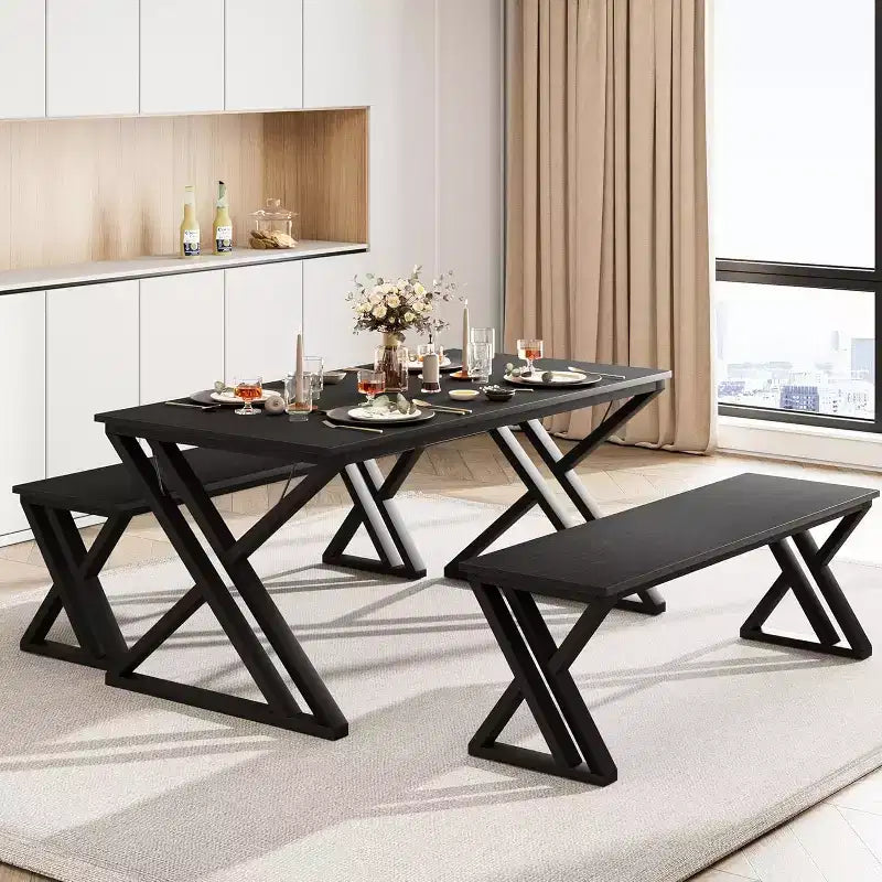 Dining Table Set for 4 with 2 Benches; Rectangular Kitchen Table; Sturdy Metal Frame; Space-Saving for Dining Room; Kitchen; Apartment