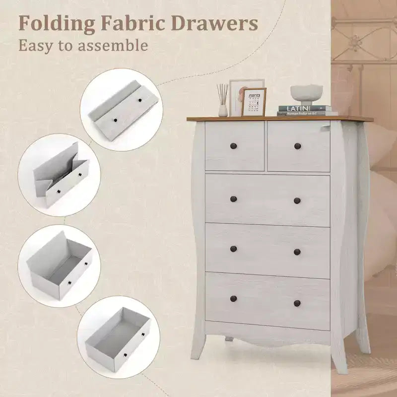Commode de style rustique avec 5 tiroirs pliants en tissu et kit anti-basculement