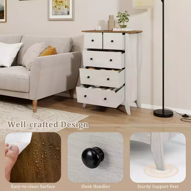 Commode de style rustique avec 5 tiroirs pliants en tissu et kit anti-basculement