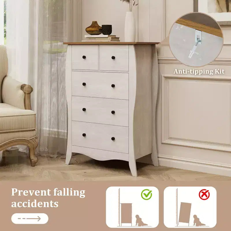 Commode de style rustique avec 5 tiroirs pliants en tissu et kit anti-basculement