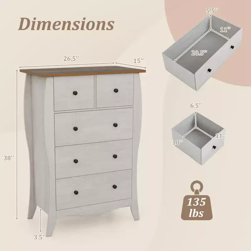 Commode de style rustique avec 5 tiroirs pliants en tissu et kit anti-basculement