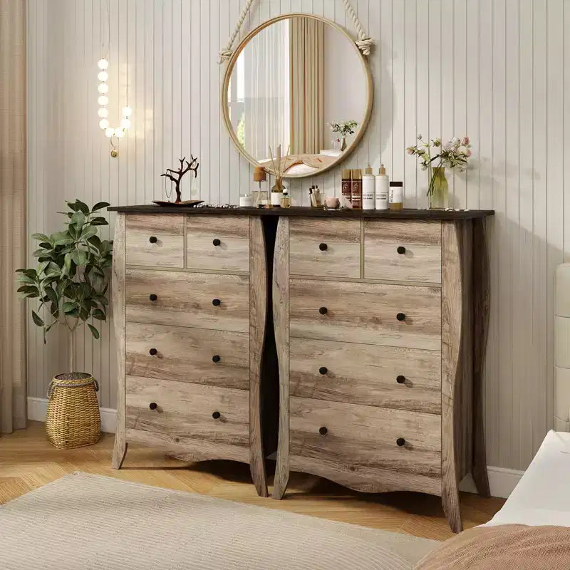 Commode de style rustique avec 5 tiroirs pliants en tissu et kit anti-basculement