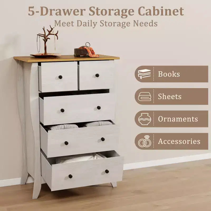 Commode de style rustique avec 5 tiroirs pliants en tissu et kit anti-basculement