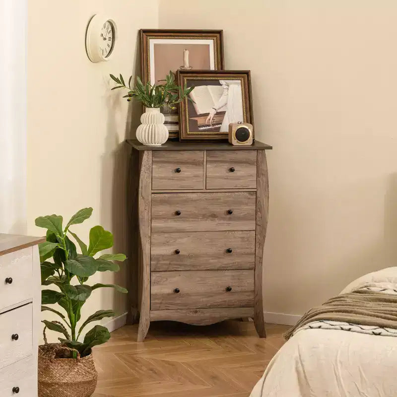 Commode de style rustique avec 5 tiroirs pliants en tissu et kit anti-basculement