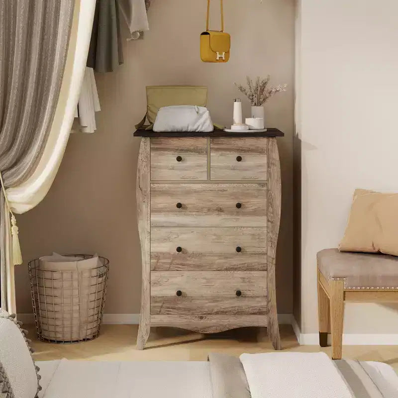 Commode de style rustique avec 5 tiroirs pliants en tissu et kit anti-basculement