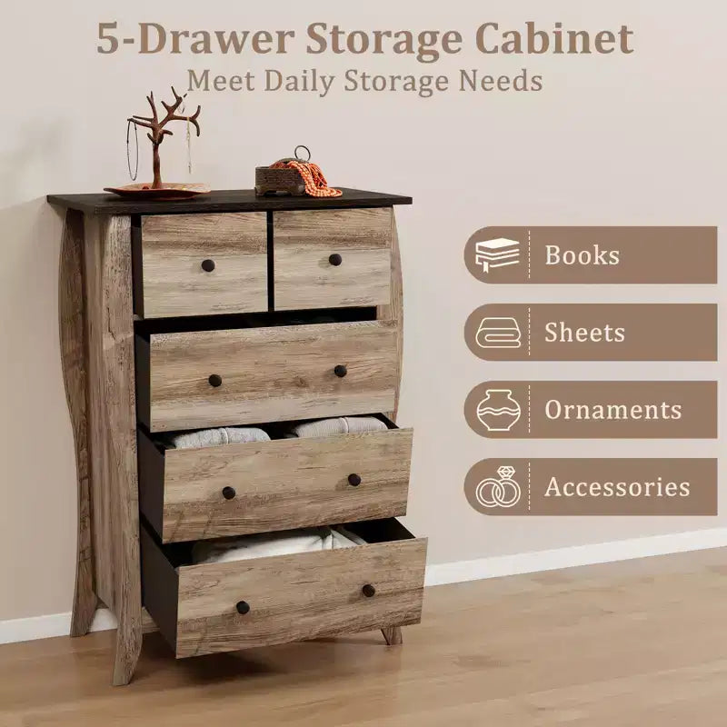Commode de style rustique avec 5 tiroirs pliants en tissu et kit anti-basculement