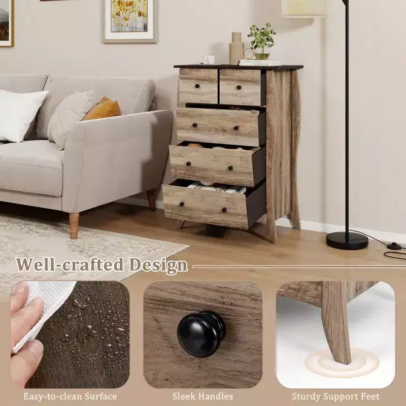 Commode de style rustique avec 5 tiroirs pliants en tissu et kit anti-basculement