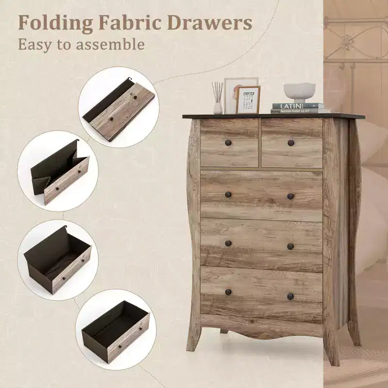 Commode de style rustique avec 5 tiroirs pliants en tissu et kit anti-basculement