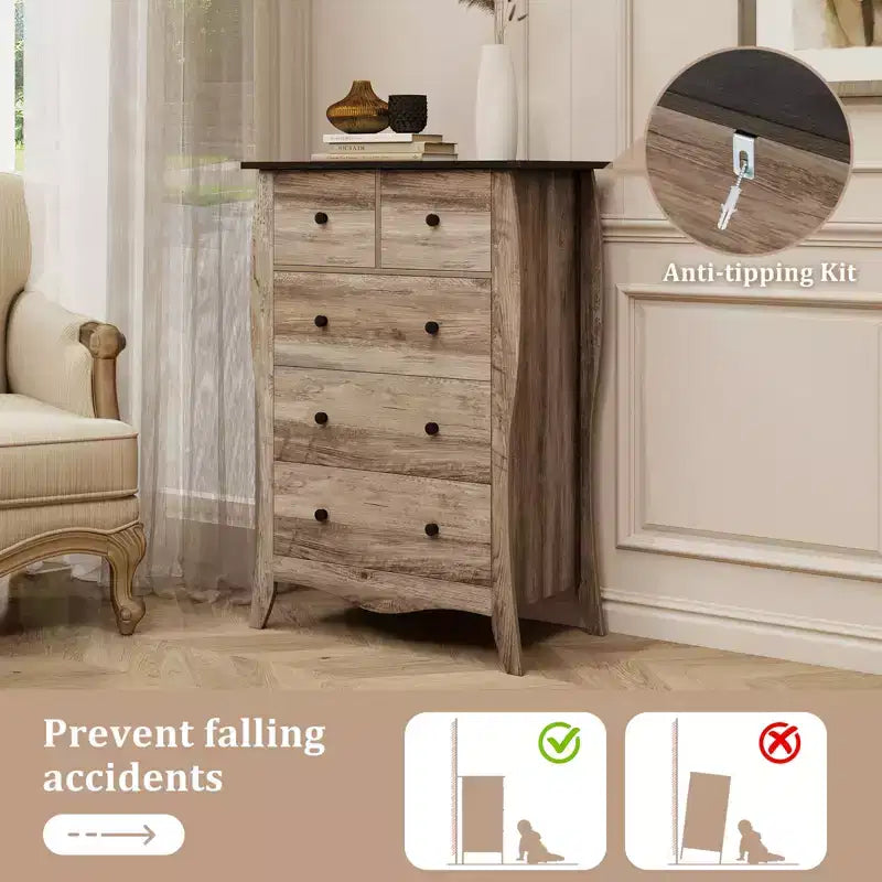 Commode de style rustique avec 5 tiroirs pliants en tissu et kit anti-basculement