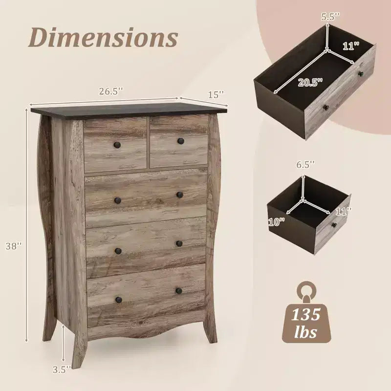 Commode de style rustique avec 5 tiroirs pliants en tissu et kit anti-basculement