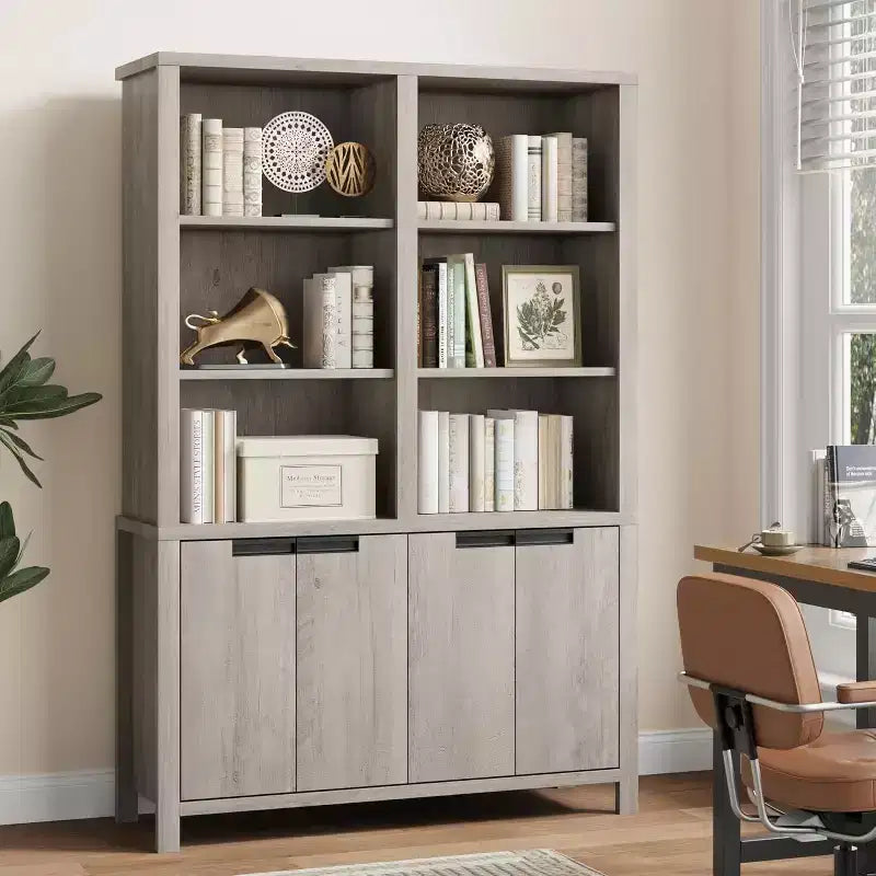 70.7 Farmhouse Bookshelf with Doors; Adjustable Shelf; 5-Tier Double Wide Wooden Bookcase and Cabinet for living Room; Office; or Library