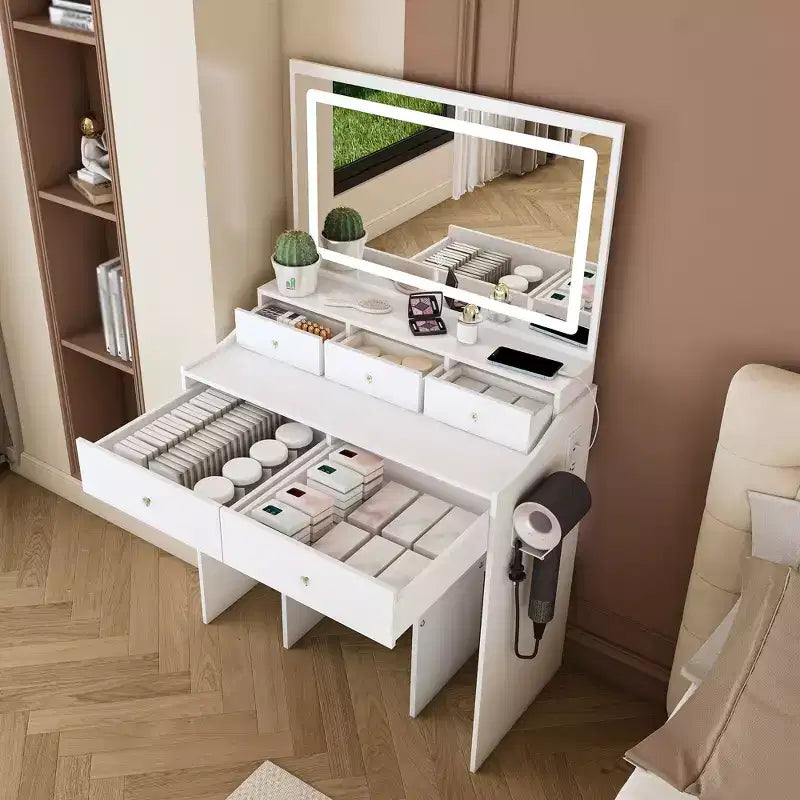 Coiffeuse avec prise électrique et support pour sèche-cheveux
