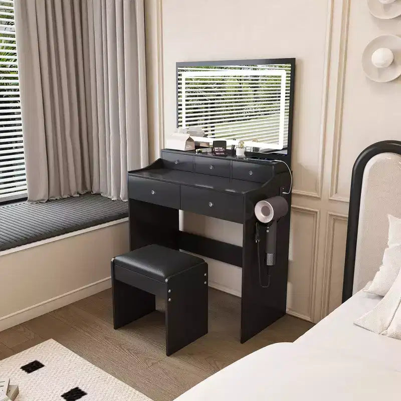 Coiffeuse avec prise électrique et support pour sèche-cheveux