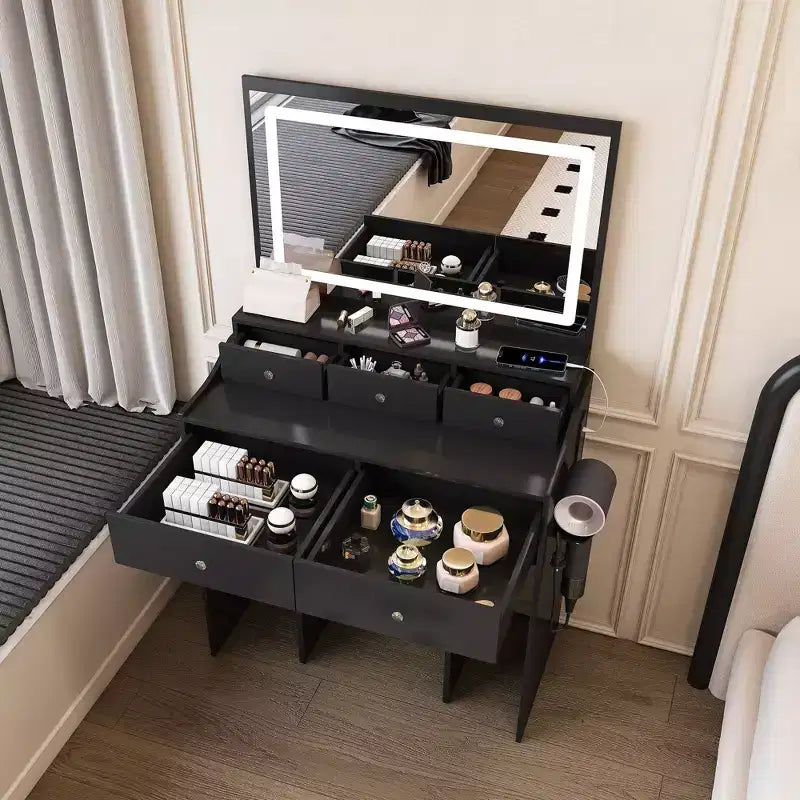 Coiffeuse avec prise électrique et support pour sèche-cheveux