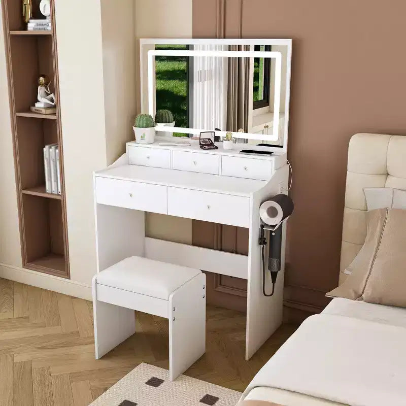 Coiffeuse avec prise électrique et support pour sèche-cheveux