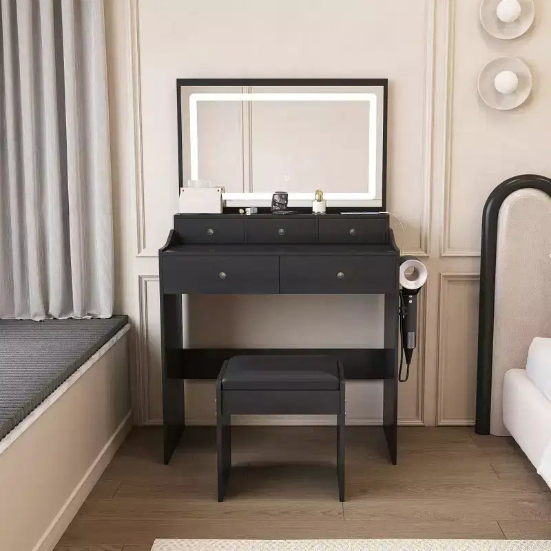 Okak Makeup Vanity with Large 3 Color Adjustable Mirror; Vanity Desk with Power Outlet and Hair Dryer Holder; Compact Vanity for Bedroom
