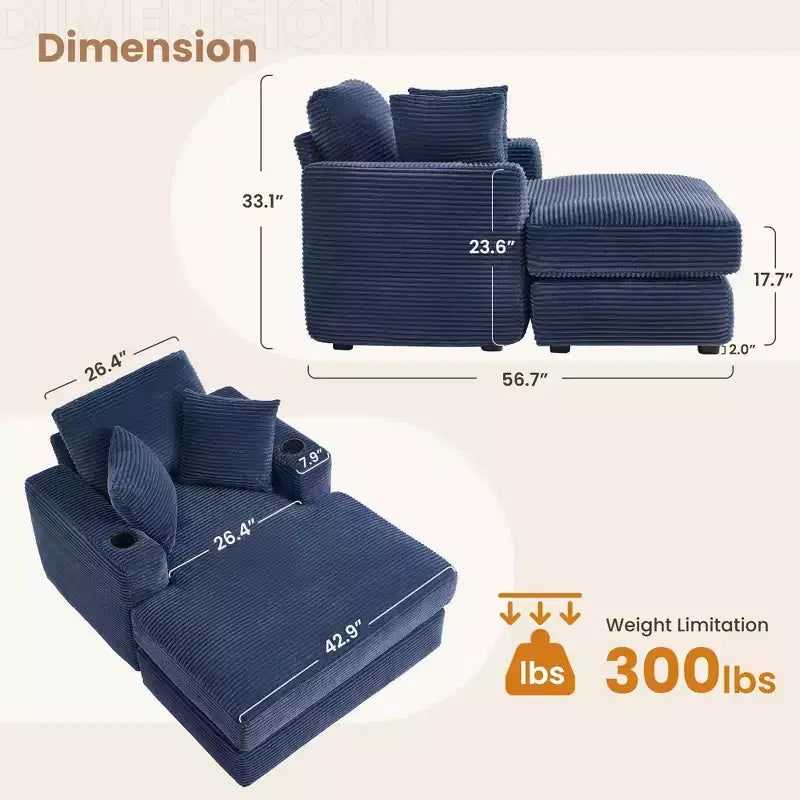 Fauteuil inclinable en velours côtelé avec repose-pieds, style moderne