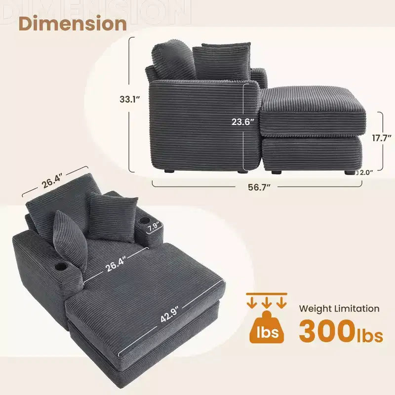 Fauteuil inclinable en velours côtelé avec repose-pieds, style moderne
