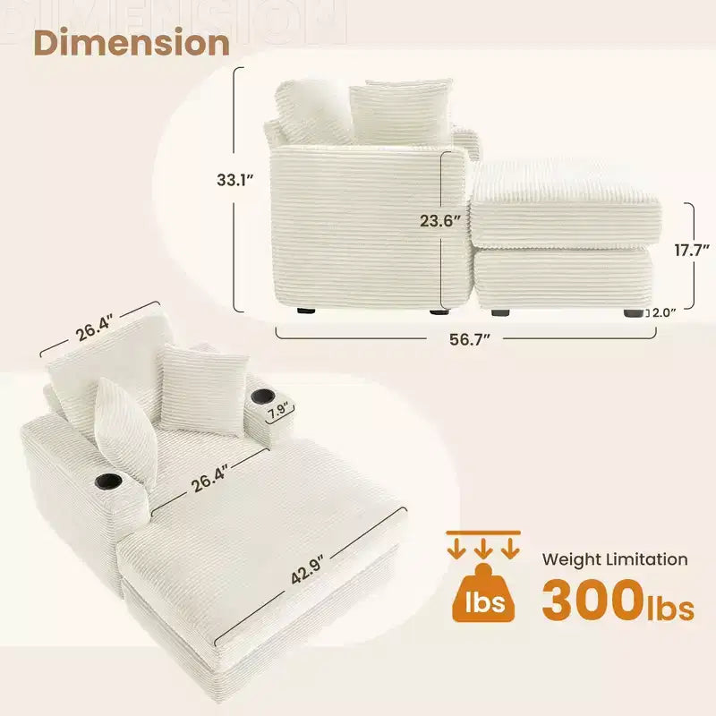 Fauteuil inclinable en velours côtelé avec repose-pieds, style moderne