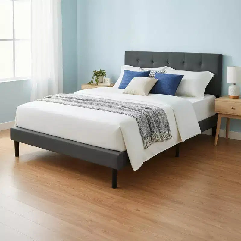 Lit double plateforme tapissé avec support matelas à lattes en bois