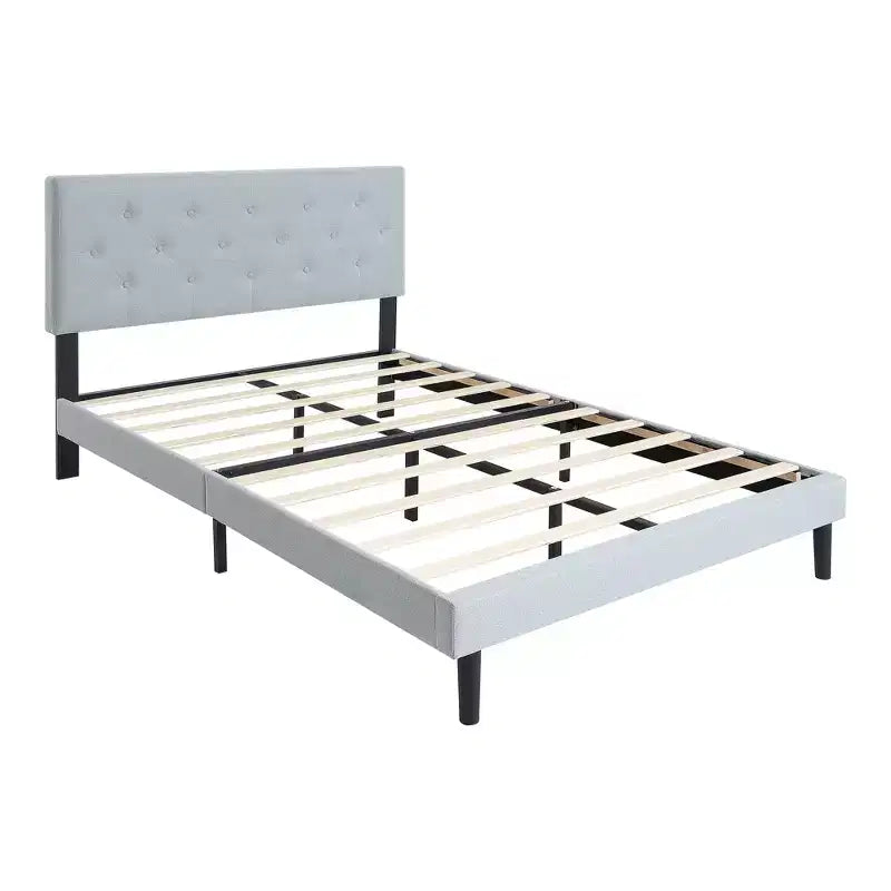 Lit double plateforme tapissé avec support matelas à lattes en bois