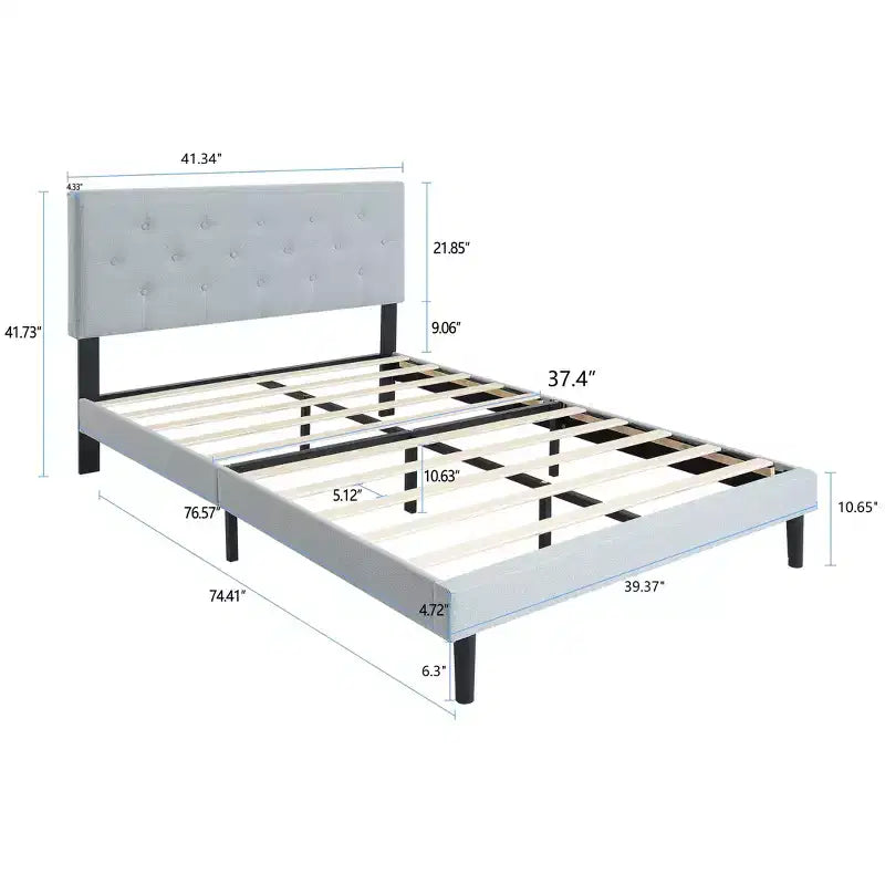 Lit double plateforme tapissé avec support matelas à lattes en bois