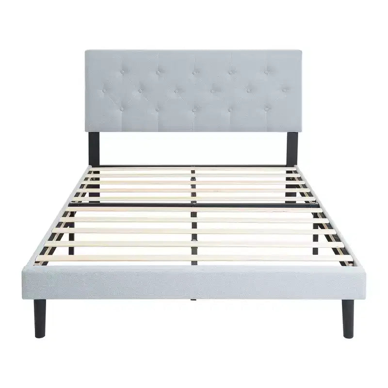 Lit double plateforme tapissé avec support matelas à lattes en bois