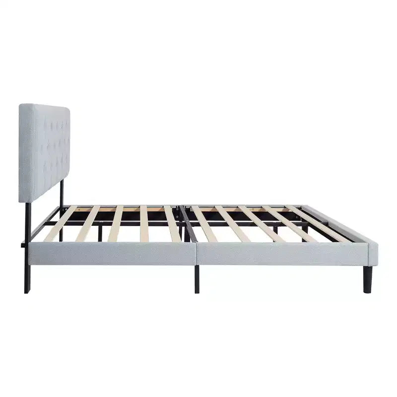 Lit double plateforme tapissé avec support matelas à lattes en bois