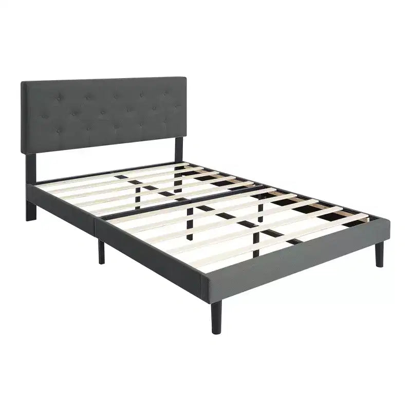Lit double plateforme tapissé avec support matelas à lattes en bois