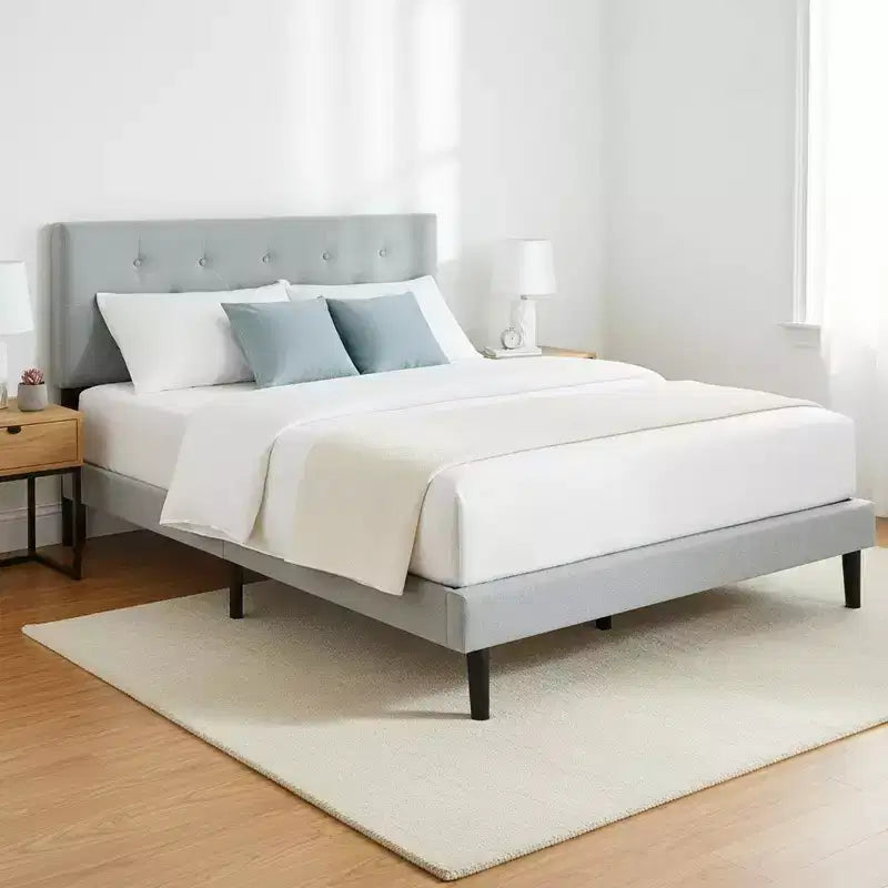 Lit double plateforme tapissé avec support matelas à lattes en bois