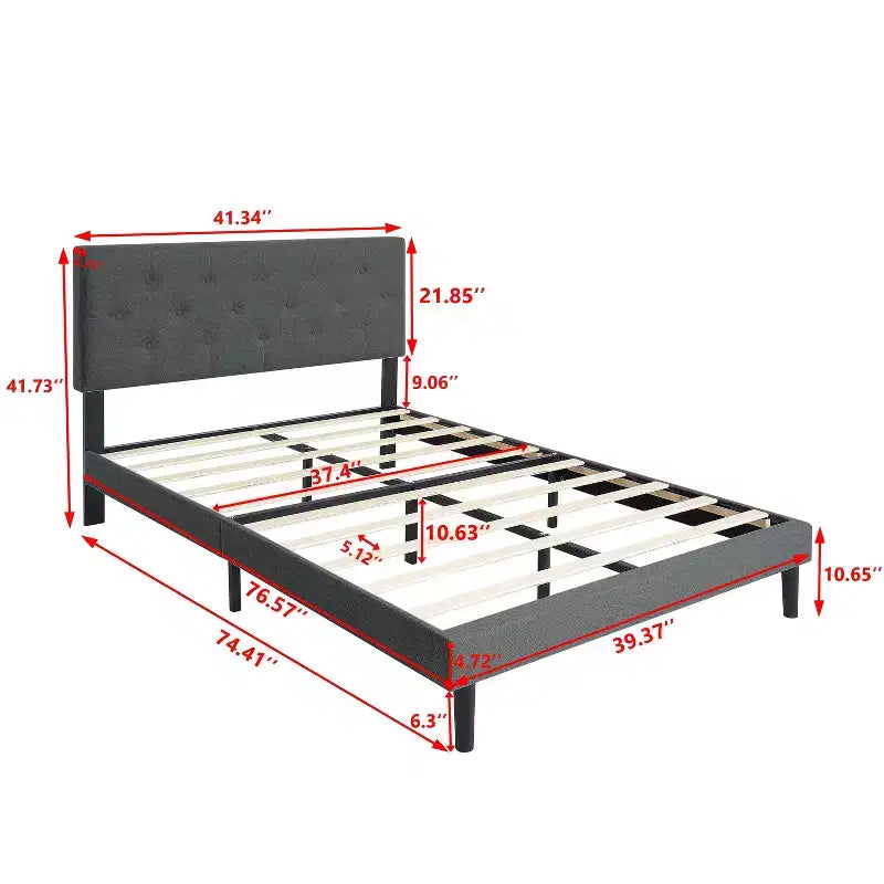 Lit double plateforme tapissé avec support matelas à lattes en bois