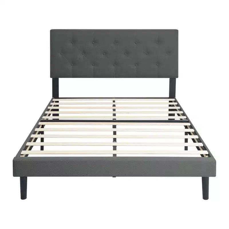 Lit double plateforme tapissé avec support matelas à lattes en bois