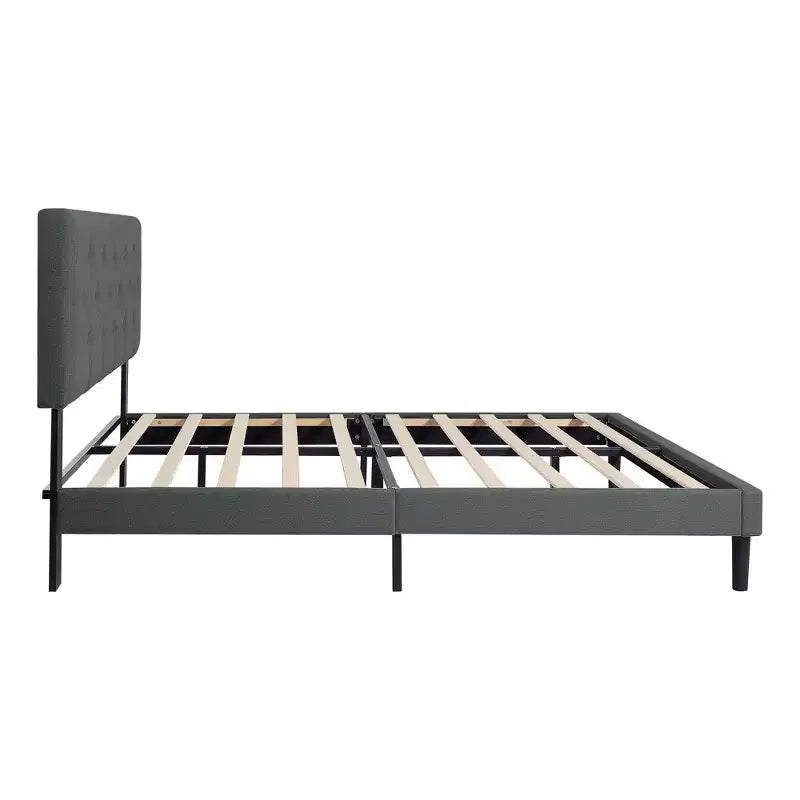 Lit double plateforme tapissé avec support matelas à lattes en bois