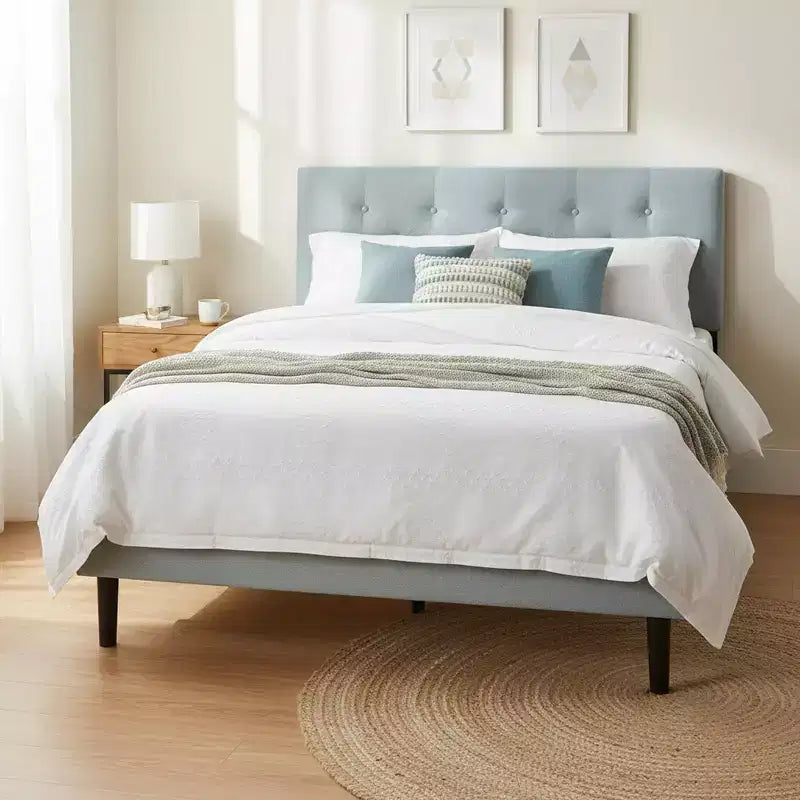 Lit double plateforme tapissé avec support matelas à lattes en bois