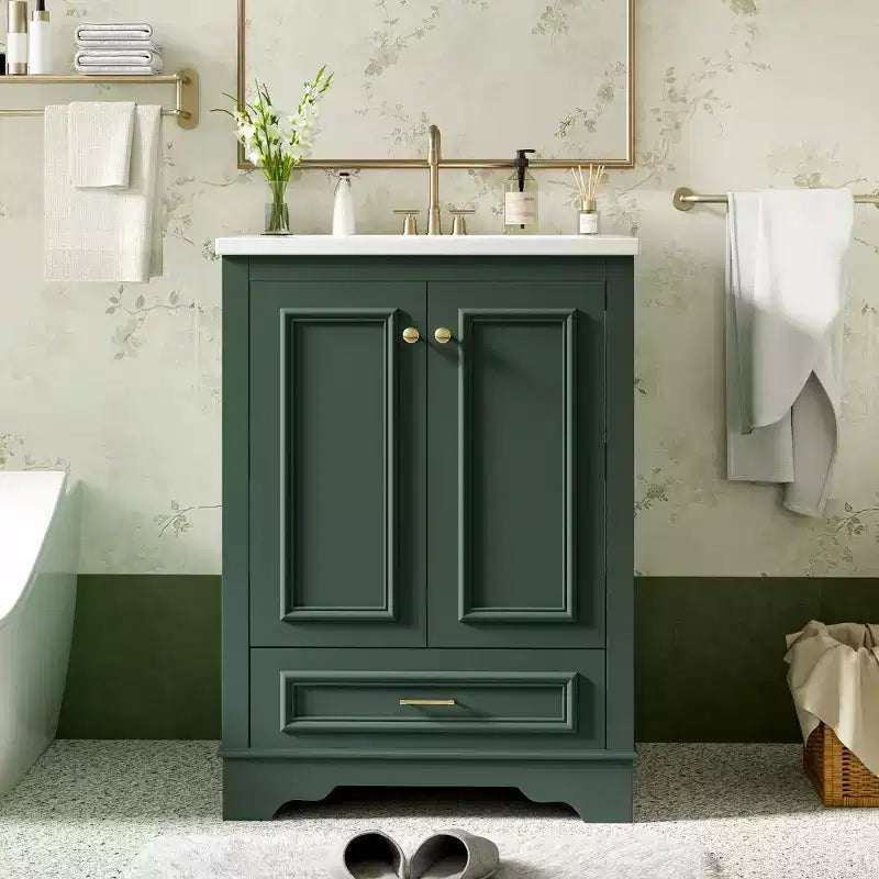 JVNOXK 24'' Bathroom Vanity with Ceramic Sink Combo; Modern Freestanding Storage Cabinet with Silver Handles; Soft Closing Doors-Green