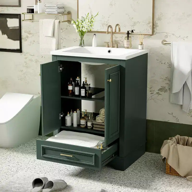 Comprend un lavabo en céramique ; un meuble bas autoportant moderne