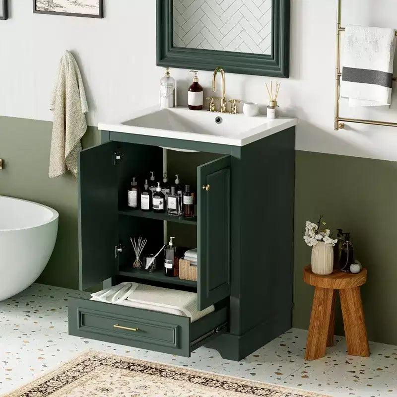 Comprend un lavabo en céramique ; un meuble bas autoportant moderne