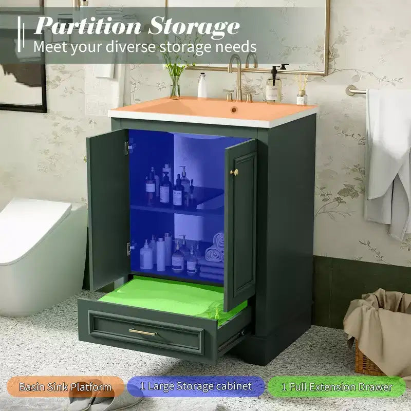 Comprend un lavabo en céramique ; un meuble bas autoportant moderne